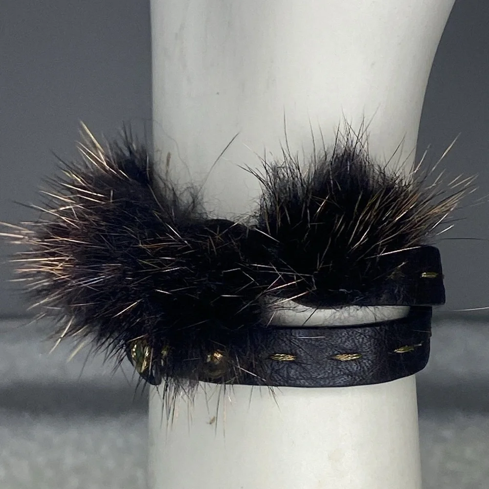 Fendi Selleria Double Wrap Brown Leather Bracelet with Fur Accents (13.5in)